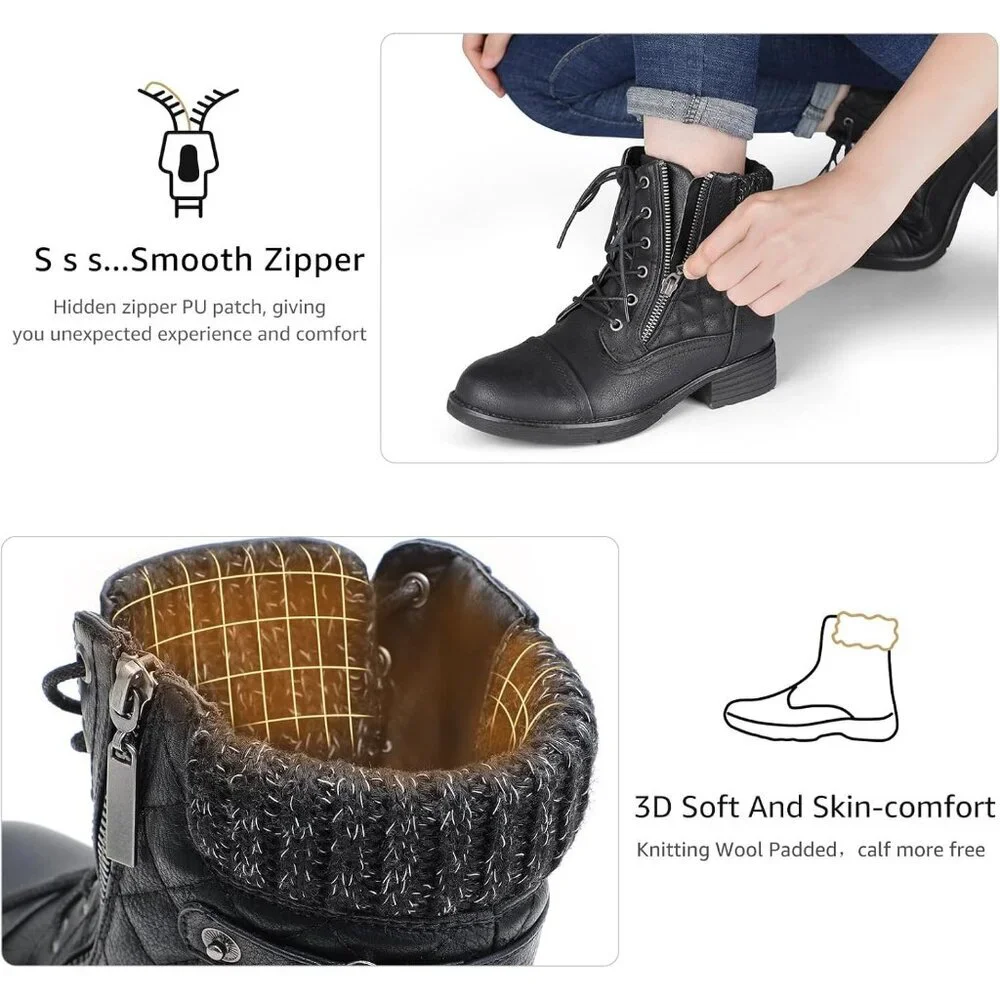STQ Women's Black Synthetic Side Zipper Combat Boots Lace up Ankle Booties